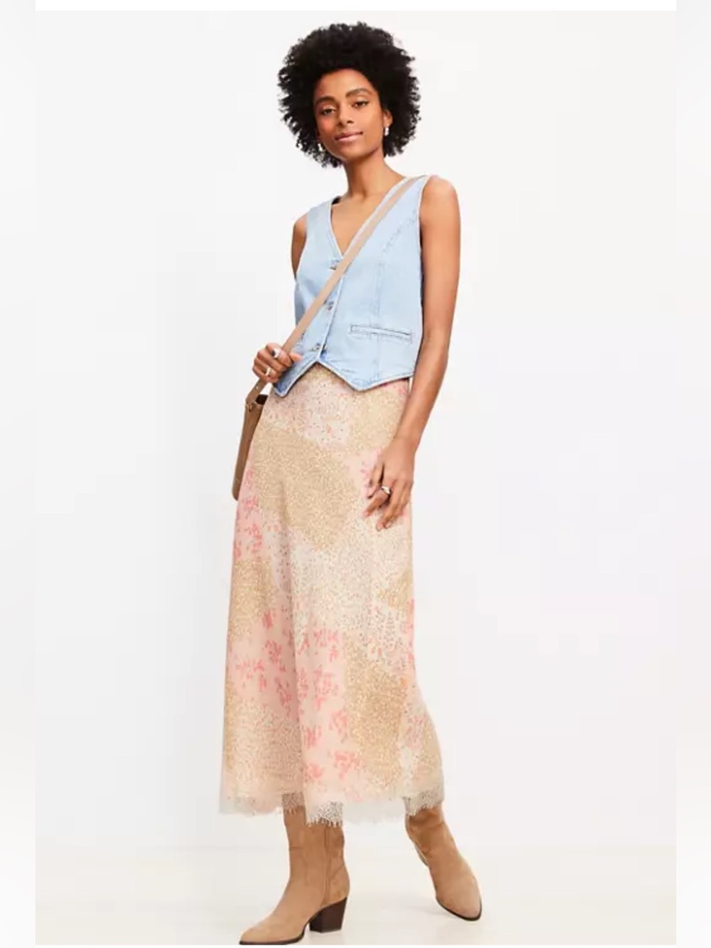 NWOT Floral Lace Trim Bias Midi Skirt